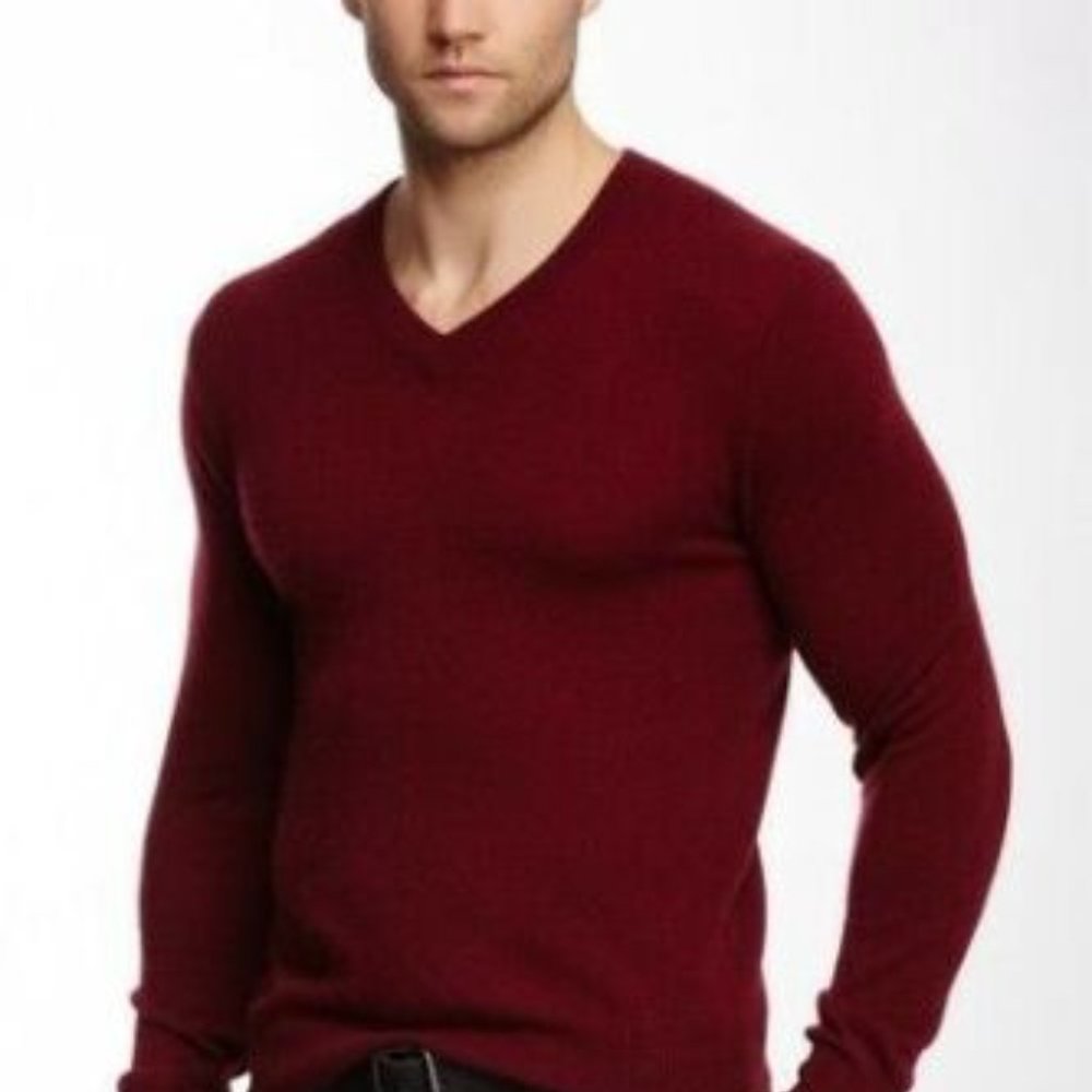 Qi V-Neck, Ribbed 100% Wool Sweater. Size: L. Color: 2 Colors: Red & Brown